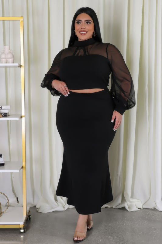 Plus Size Sheer Sleeve Stretch Skirt Set