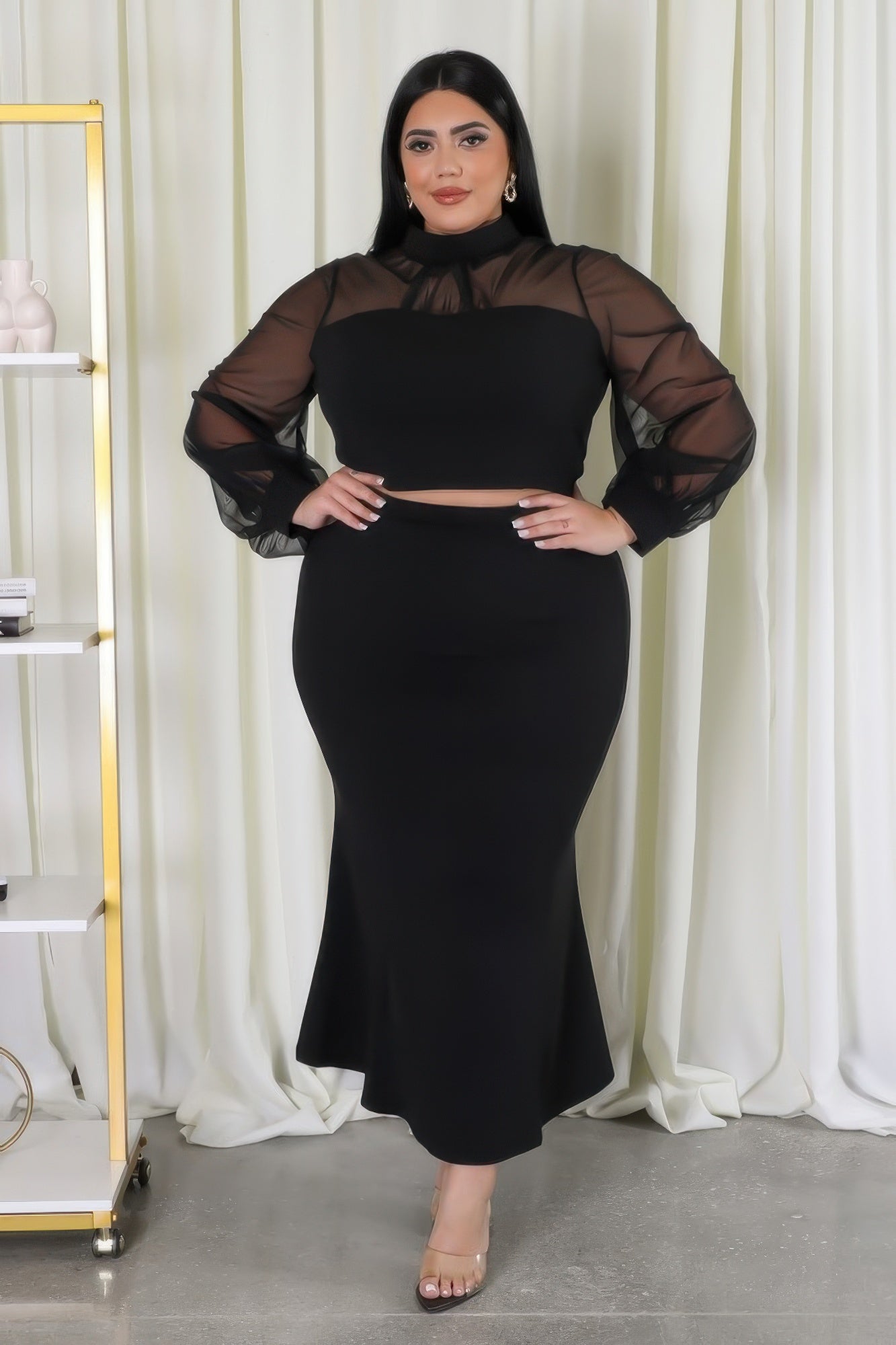 Plus Size Sheer Sleeve Stretch Skirt Set