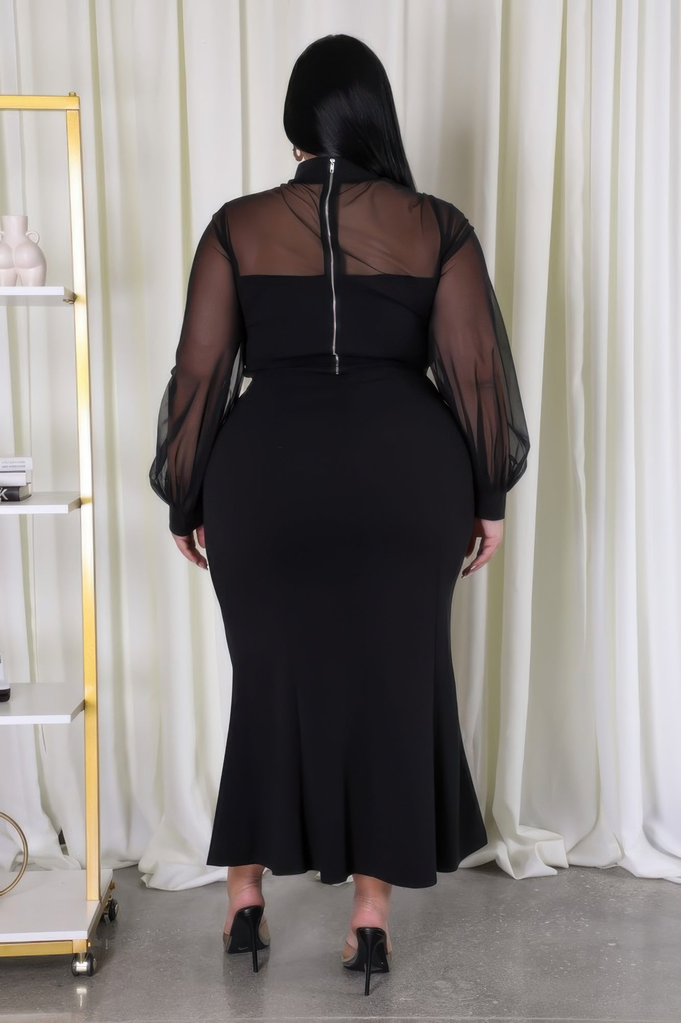 Plus Size Sheer Sleeve Stretch Skirt Set