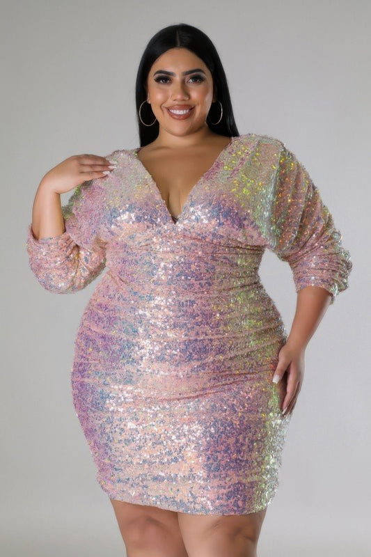 Plus Size Ruched Sleeves Sequin Dress