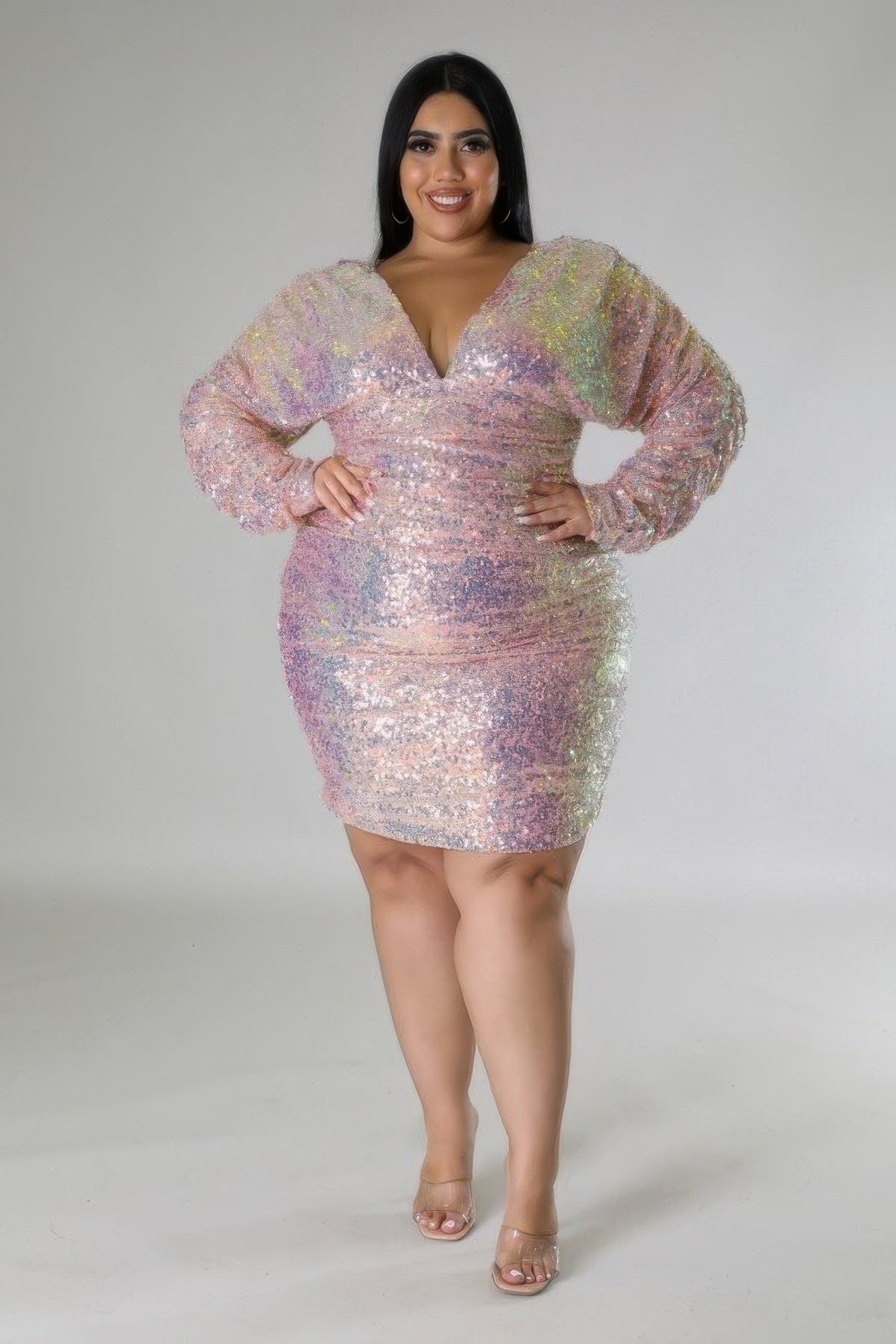 Plus Size Ruched Sleeves Sequin Dress