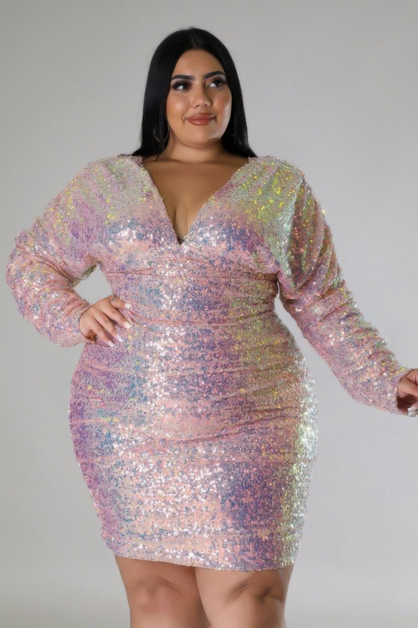 Plus Size Ruched Sleeves Sequin Dress