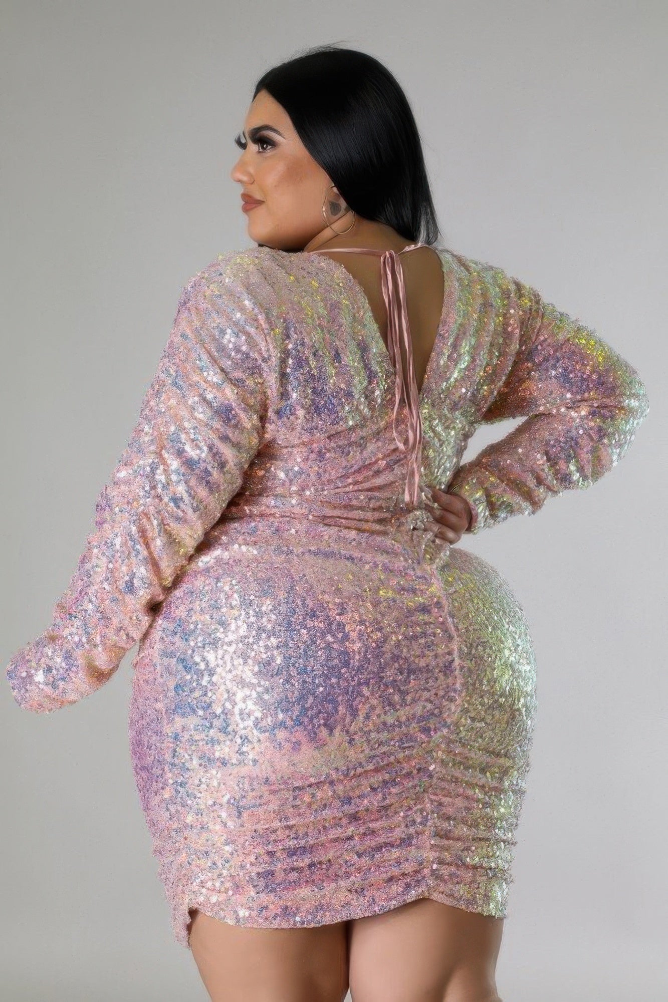 Plus Size Ruched Sleeves Sequin Dress