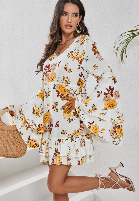 Printed V-Neck Flare Sleeve Mini Dress