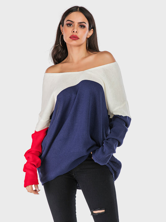 Contrast V-Neck Long Sleeve Knit Top