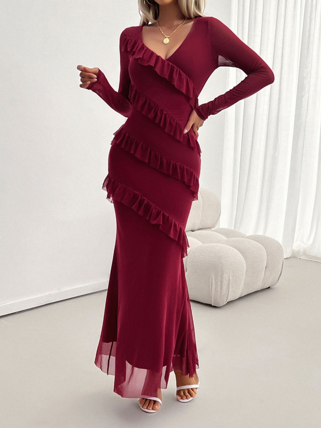 Ruffled Surplice Long Sleeve Maxi Dress