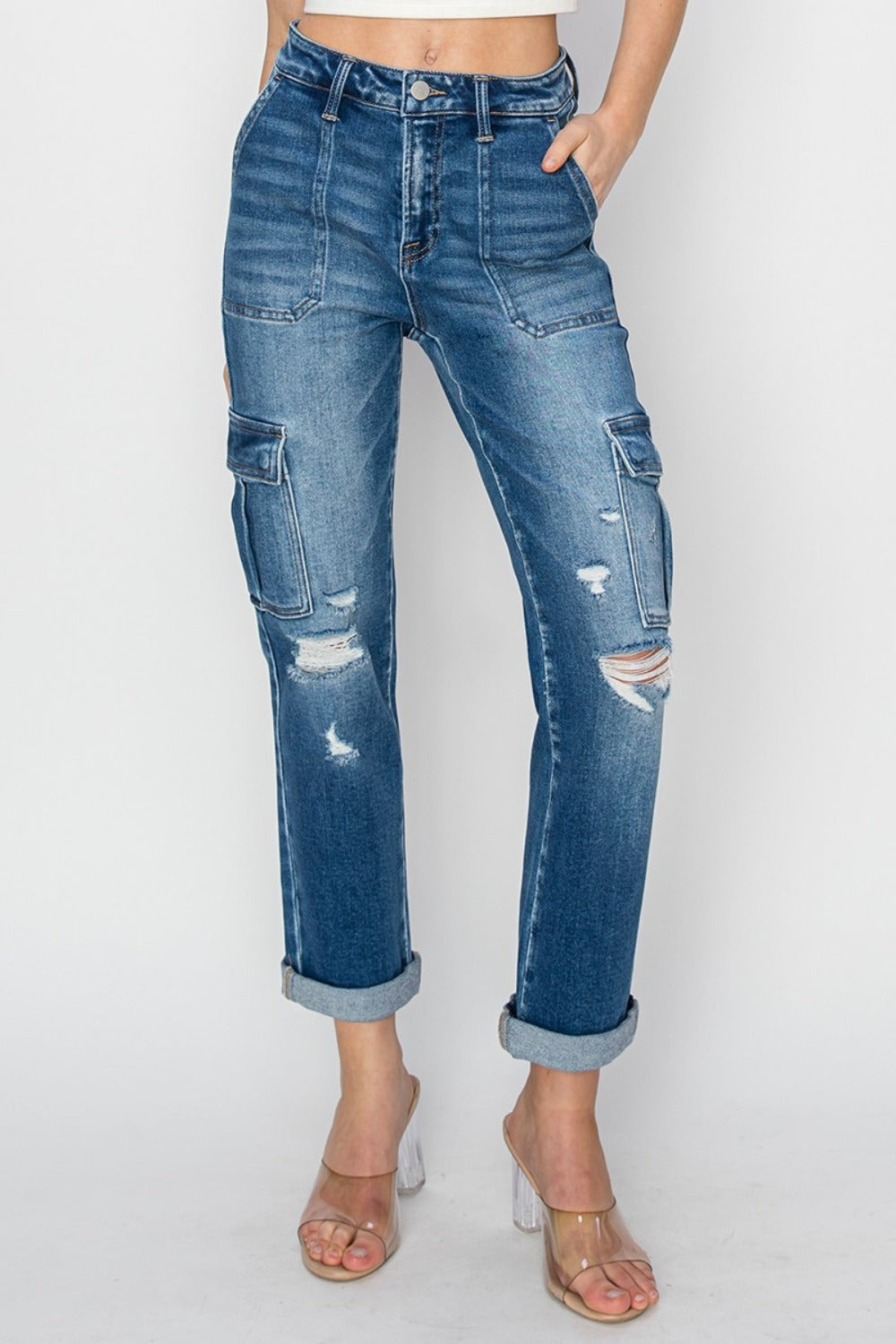 Full Size High Rise Cargo Ankle Roll Up Straight Jeans