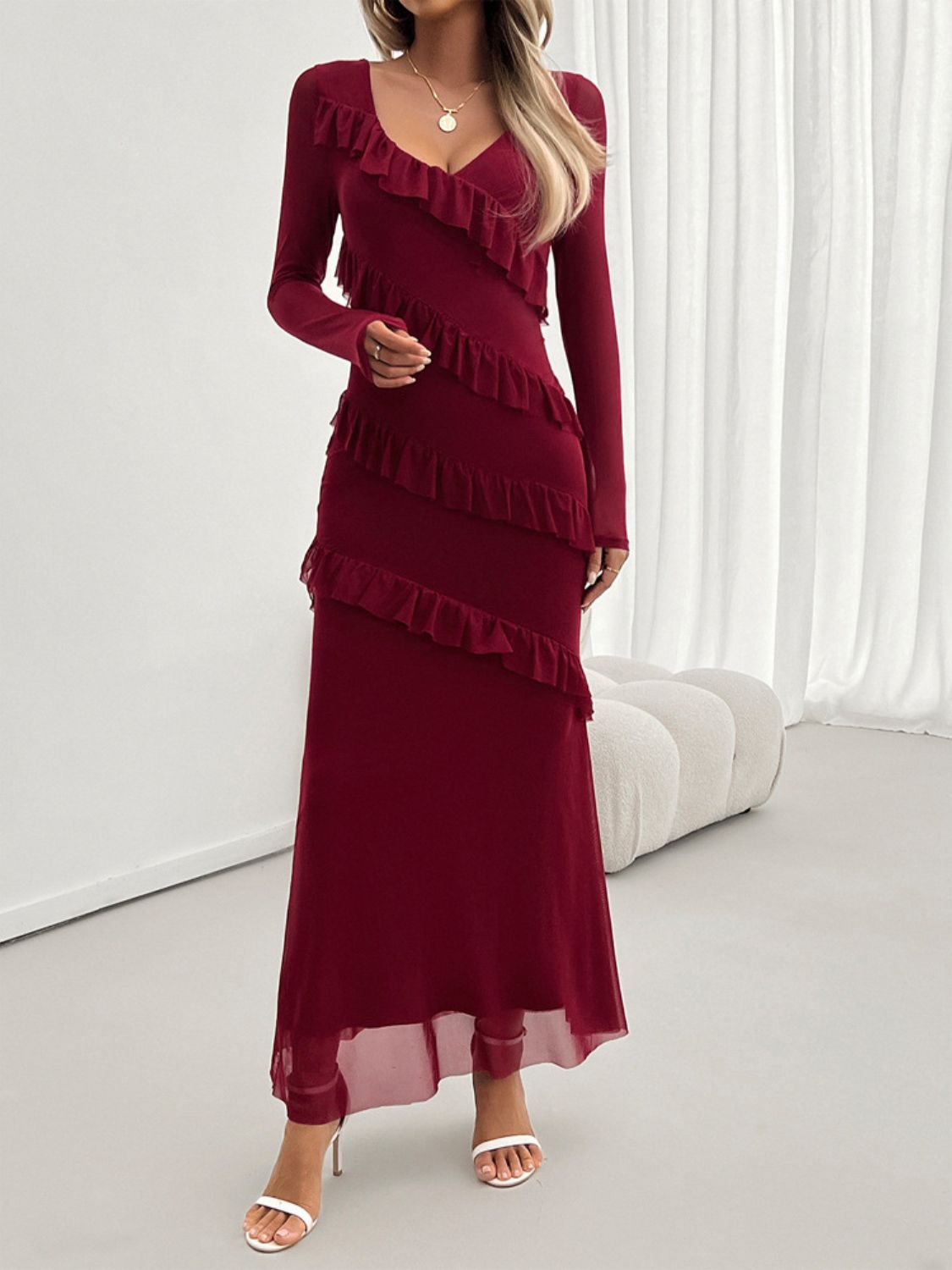 Ruffled Surplice Long Sleeve Maxi Dress