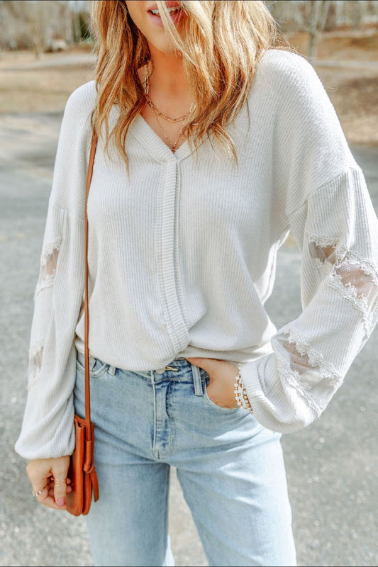 Lace Detail Drop Sleeve Ribbed Top