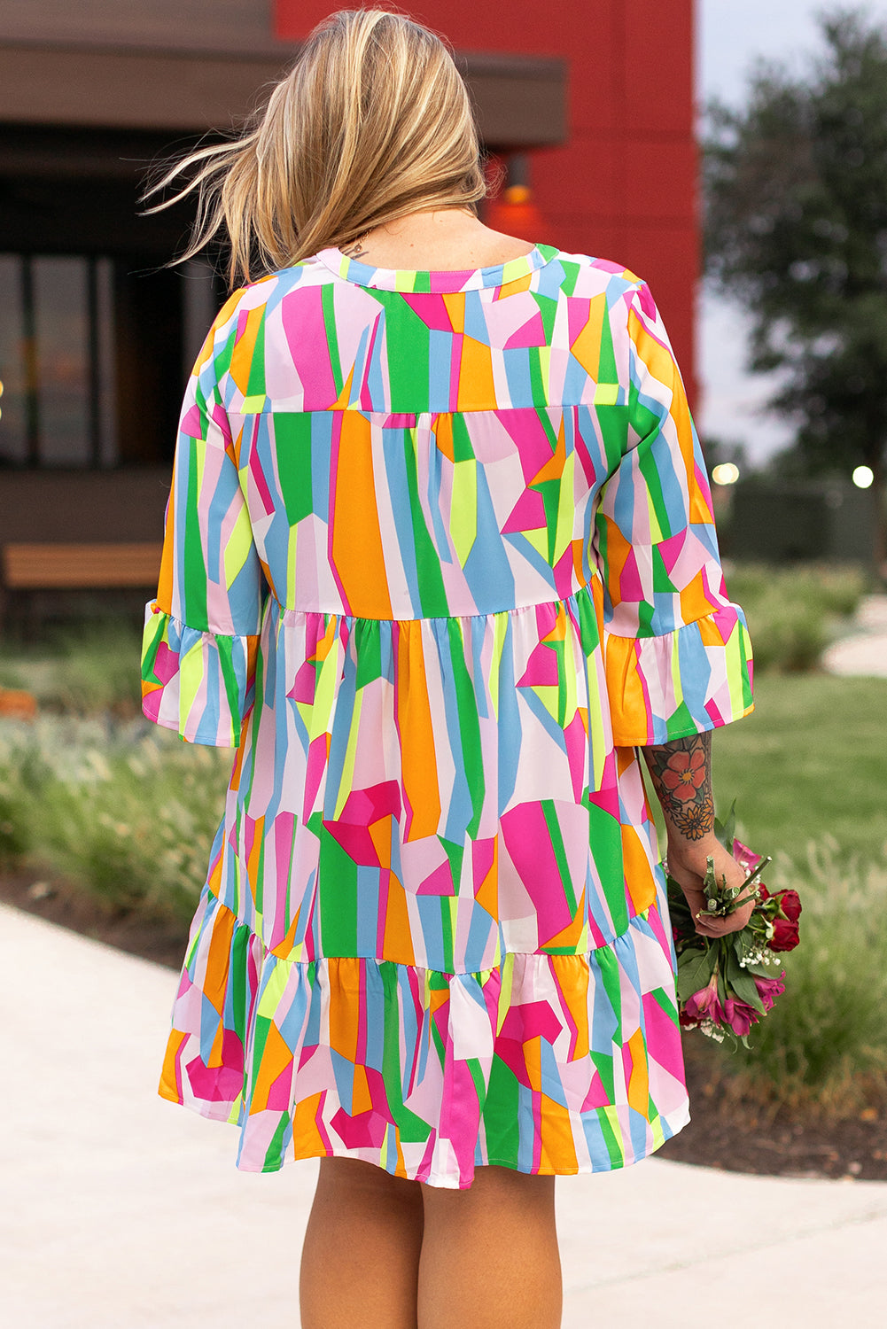 Multicolor Plus Size Vibrant Abstract Print Tiered Ruffled Mini Dress