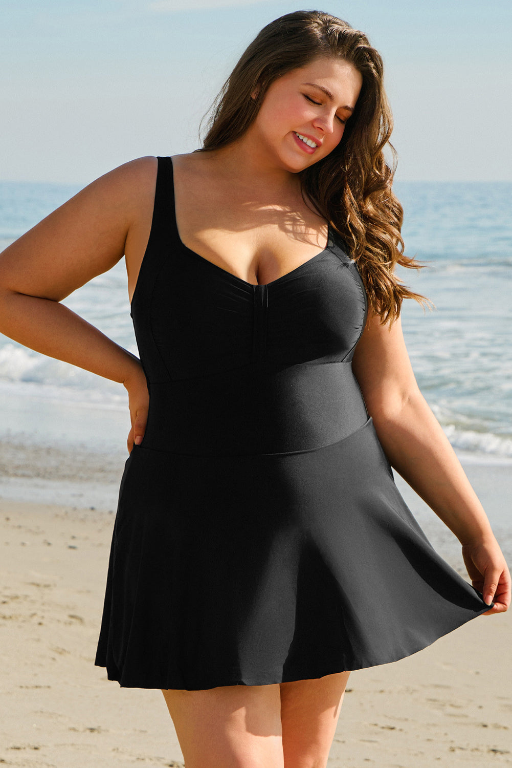 Plus Size Black Solid Pleated Ruffled One Piece Swim Dress