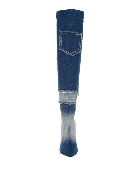 Rhinestones Knee High Denim Boots