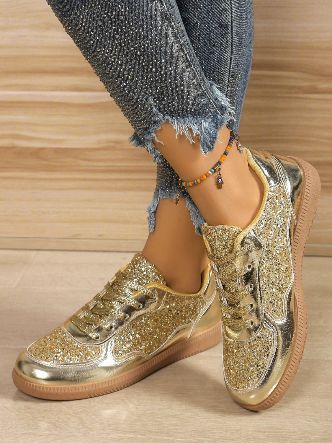 Sequin PU Leather Flat Sneakers