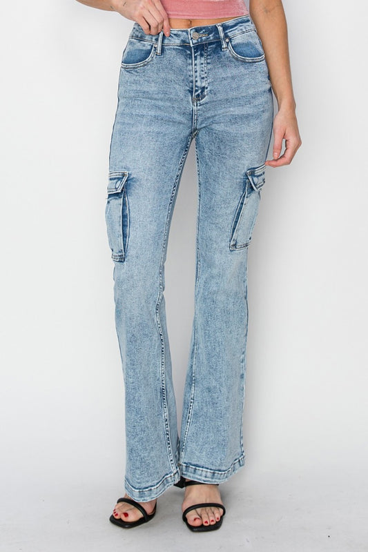 Full Size High Rise Cargo Flare Jeans